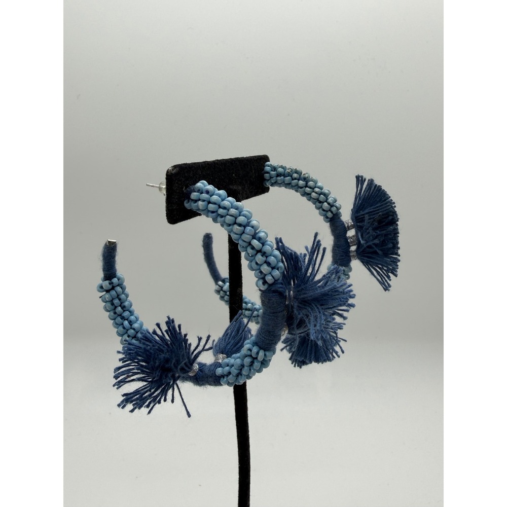 Blue Beaded Tassel Hoop Earrings Boho Statement Jewelry
